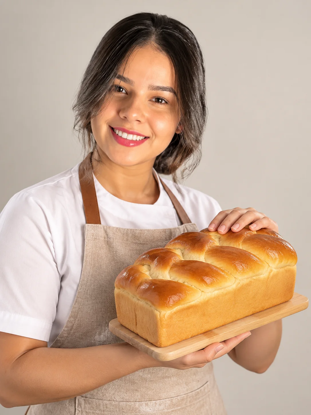 Mari no estúdio segurando o pão caseiro trançado da Riscatto