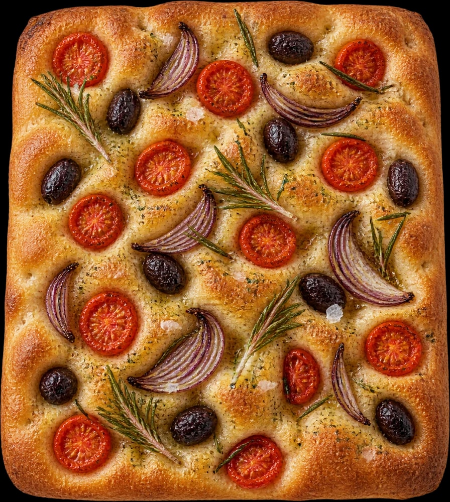 Focaccia de tomate-cereja com cebola roxa