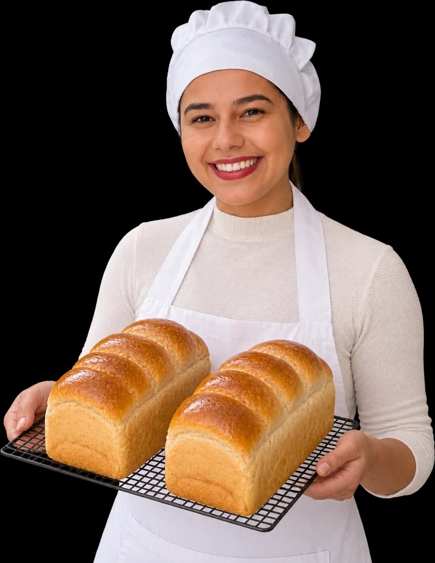 Mari, da Riscatto, de touca e avental, segurando uma grade com dois pães caseiros