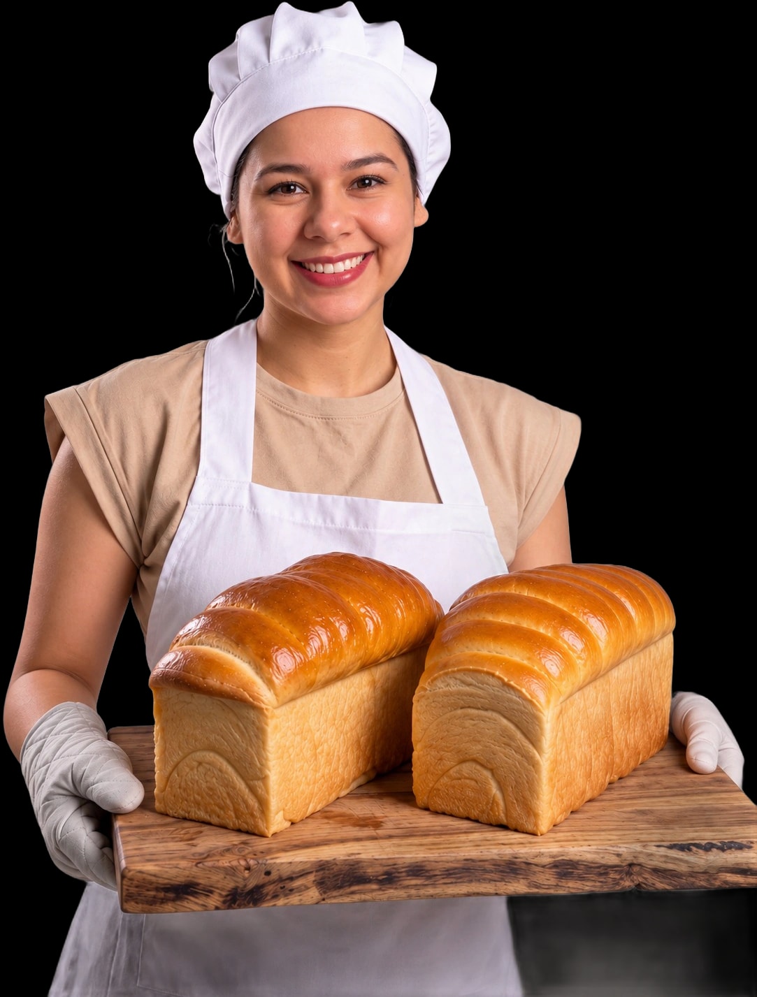 Mari, da Riscatto, de touca e avental, sorrindo e segurando uma tábua com dois pães caseiros